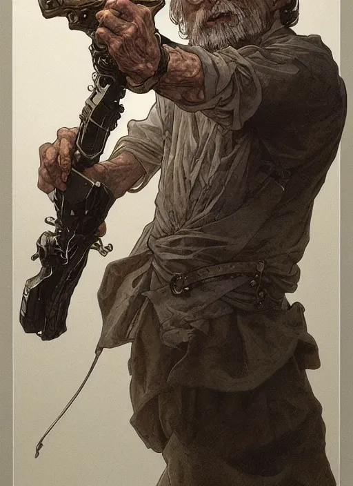 Prompt: detailed portrait of random old man, weapon, dark and white, behance hd artstation, by moebius, alphonse mucha, ayami kojima, amano, greg hildebrandt, and mark brooks, masculine, male, art nouveau, neo - gothic, gothic, character concept design, dynamic light, stylised illustration, disco elysium, 4 k