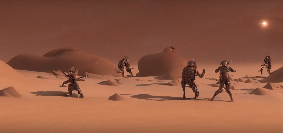 Image similar to pixar style sandworm fighting fremen warriors on arrakis, still of disney's dune ( 2 0 2 1 ), 3 d animation, cinematic, volumetric lighting
