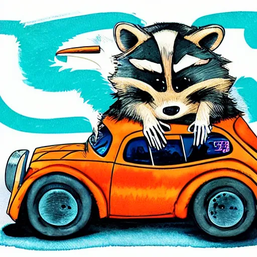 Image similar to racoon riding in a tiny hot rod coupe with oversized engine, ratfink style by ed roth, centered award winning watercolor pen illustration, by chihiro iwasaki, edited by range murata