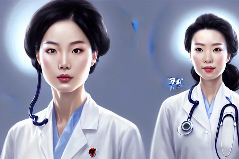 Image similar to a elegant and beautiful chinese female doctor in a white coat in a clinic, cinematic, highly detailed, digital painting, artstation, concept art, matte, sharp focus, illustration, art by artgerm and greg rutkowski