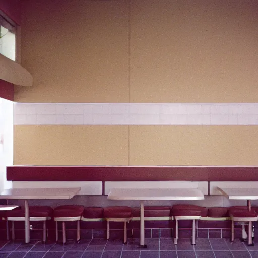 Image similar to a 3 5 mm pentax k 1 0 0 0 photograph of a liminal empty moody mcdonalds interior. empty tables. food garbage scattered about.