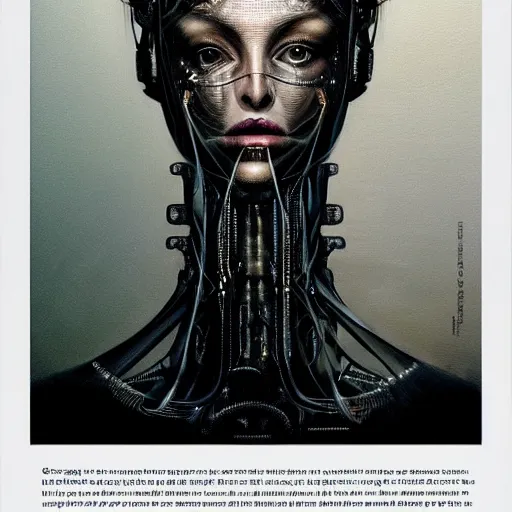 Prompt: surreal portrait of a woman by Greg Rutkowski and H.R Giger, symmetrical face, she is about 30 years old, she is about 30 years old, pretty, blond hair with two strans around her face, slavic features, melancholic gaze, pretty aquiline nose, transformed into a kind of biomechanical transhuman goddes, uncany but fascinating, sad but determined look, cosmic void background, frightening, fascinating, highly detailed portrait, digital painting, book cover, artstation, concept art, smooth, sharp foccus ilustration, Artstation HQ