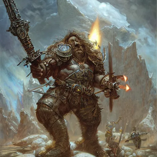 Image similar to art by donato giancola and bayard wu and gustav moreau and wayne barlowe, a fantasy cinematic shot of a dwarf berserker, fighting, warhammer, dnd, fighting monsters, octane render, hyperreal,