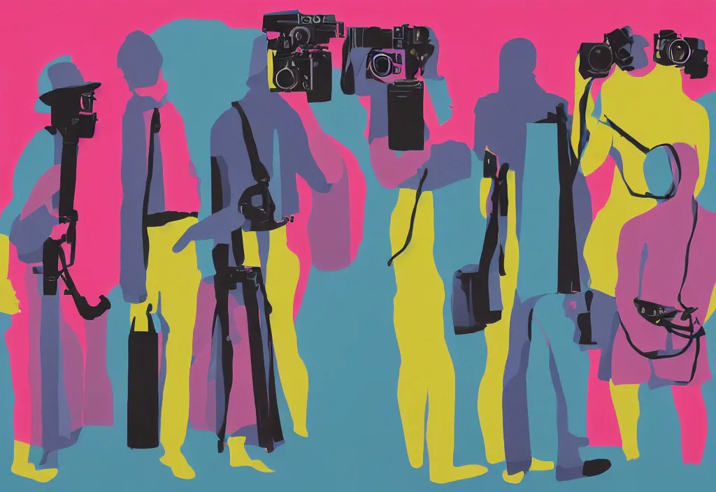 Image similar to full body portrait of a trio of european tourists with nikon cameras, rear views, character designs painting, in the style of wes anderson, rene magritte, lola dupre, david hockney, isolated on white background, dark monochrome neon spraypaint accents volumetric octane render