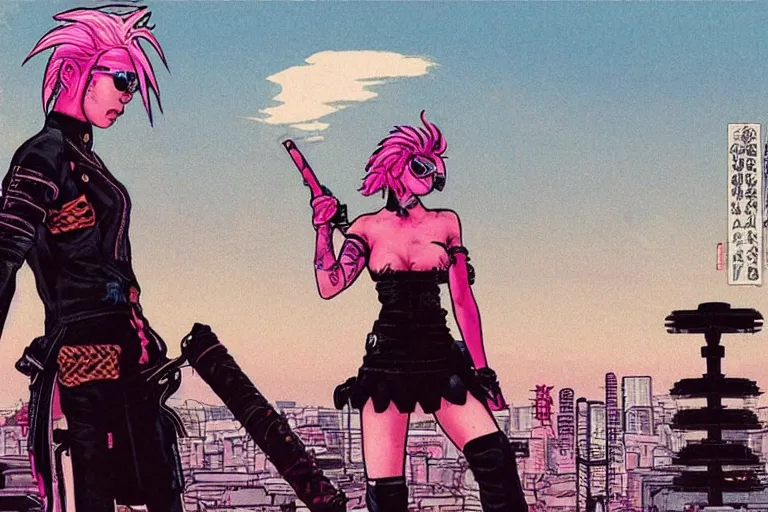 Prompt: punk leather samurai with pink hair. tokyo can be seen in the distance. art in the style of vincent di fate's cyberpunk 2 0 2 0.