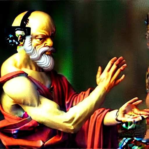 Image similar to socrates wearing a virtual reality headset, renaissance painting