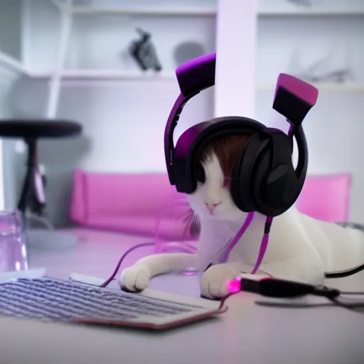 Image similar to White cat with dark pink eyes who is gaming with a headset on