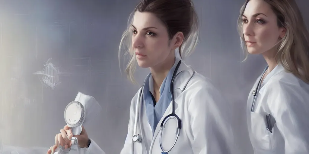 Image similar to an elegant and beautiful female doctor in a white coat working in a hospital ward, cinematic, highly detailed, digital painting, artstation, concept art, matte, sharp focus, illustration, art by artgerm and greg rutkowski