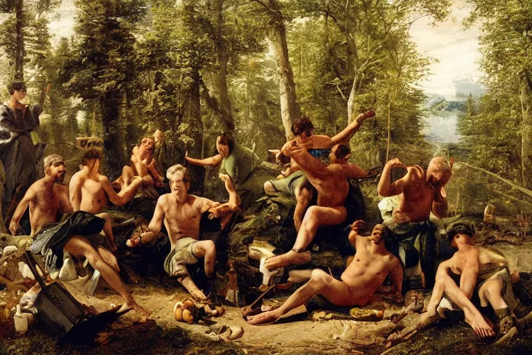 Image similar to mid - thirties guys binge drinking in a forest, in the style of skovgaard