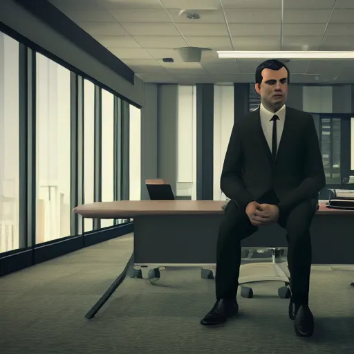 Prompt: Evil CEO in a dark suit, sitting behind a desk in an office building, medium shot, style of GTA V, octane render