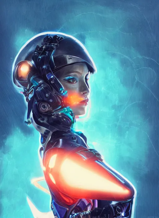 Prompt: symmetry!! dynamic pose! closeup portrait of a cyborg pirate girl, fashion cyborg jumpsuit, shoulder pads, cinematic light, backlight, windy, teal orange, smoke trails, dust particles, by gerald brom, by mikhail vrubel, by peter elson, muted colors, extreme detail, trending on artstation, 8 k