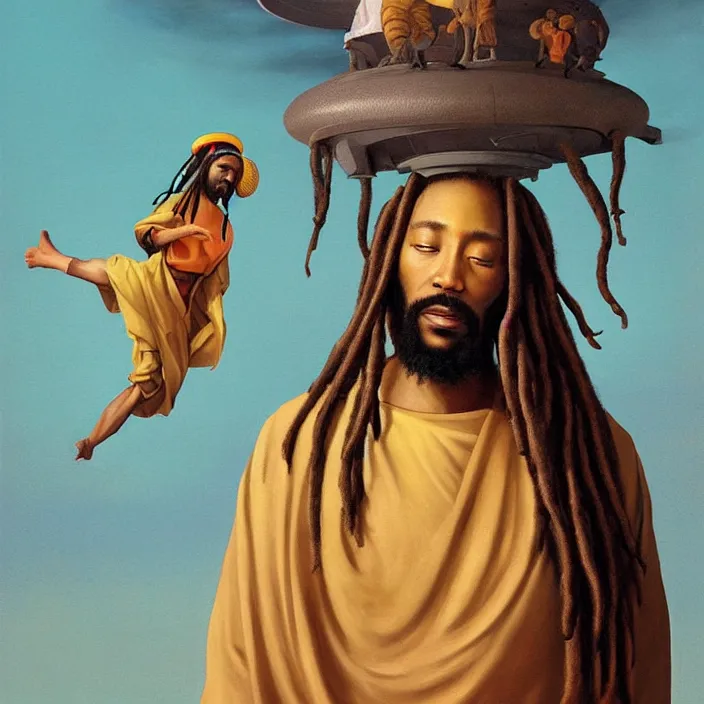 Image similar to UFO hovering around an African Jesus with dreadlocks, painting by Hsiao-Ron Cheng,