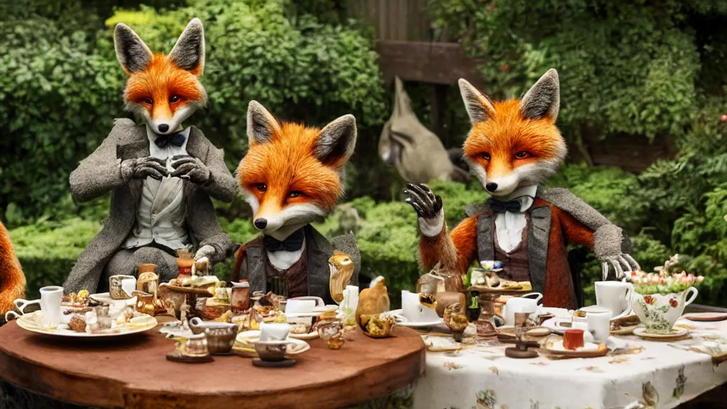 Image similar to film still from the movie chappie outdoor park plants garden scene bokeh depth of field several figures sitting down at a table having a delicious grand victorian tea party crumpets furry anthro anthropomorphic stylized fox wearing suit