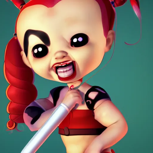 Image similar to baby harley quinn with pigtail in hair like pebbles flintstones playing with a magic wand, full body, big head, large smile, pixar style, happy, chill out, rending, trending on artstation