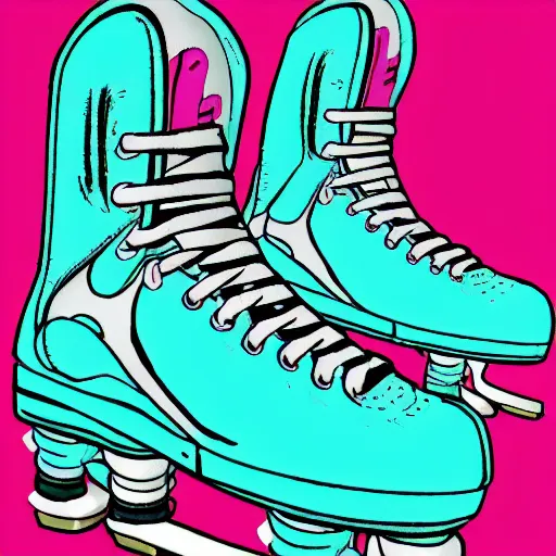 Image similar to a drawing of a pair of white retro! roller skates with dragon embroidery and cyan wheels on a pedestal!! in an empty white room, trending on artstation, carpenter brut, synthwave, pink lightning, neon!! light