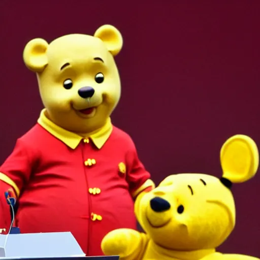 Image similar to Xi Jingping doing a speech dressed as Winnie the Pooh