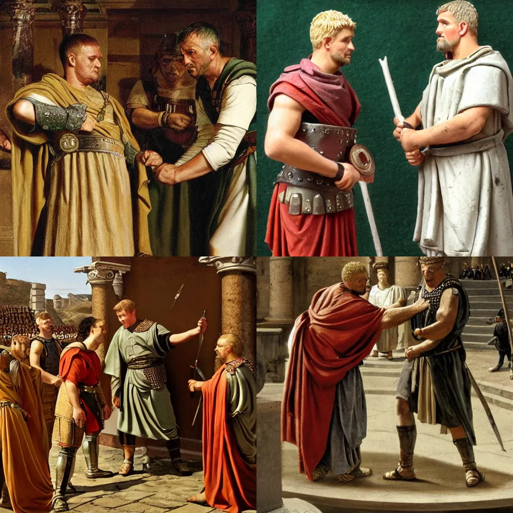 Prompt: roman soldiers lucius vorenus and titus pullo argue over a little button