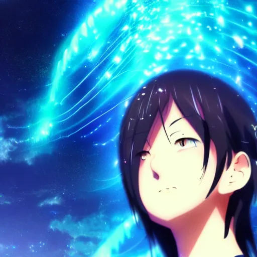 prompthunt: an anime face portrait of a music producer, in the background  you can see the universe. official art, key visual, studio lightning, very  detailed bd cover, Kimi no Na Wa, hyperrealistic