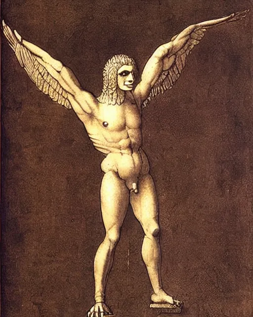 Image similar to human - eagle creature with one big beak, drawn by da vinci