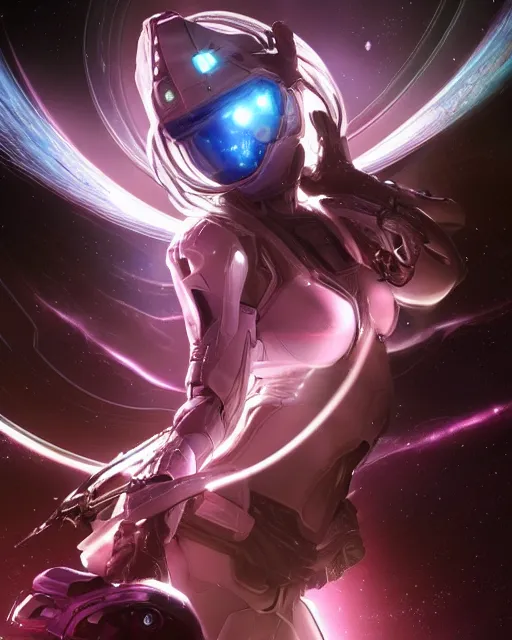 Image similar to photo of a android girl on a mothership, warframe armor, beautiful face, scifi, nebula, futuristic background, galaxy, raytracing, masterpiece, ethereal, beauty, long white hair, blue cyborg eyes, cosmic wind, flow, 8 k high definition, insanely detailed, intricate, innocent, art by akihiko yoshida, antilous chao, woo kim