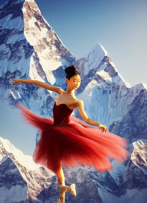 Image similar to stunningly beautiful, asian prima ballerina on mt everest, golden hour, smooth, focus, highly detailed, hyper realistic, dramatic lighting, elegant, intricate, concept art, art by wlop, mars ravelo, greg rutowski