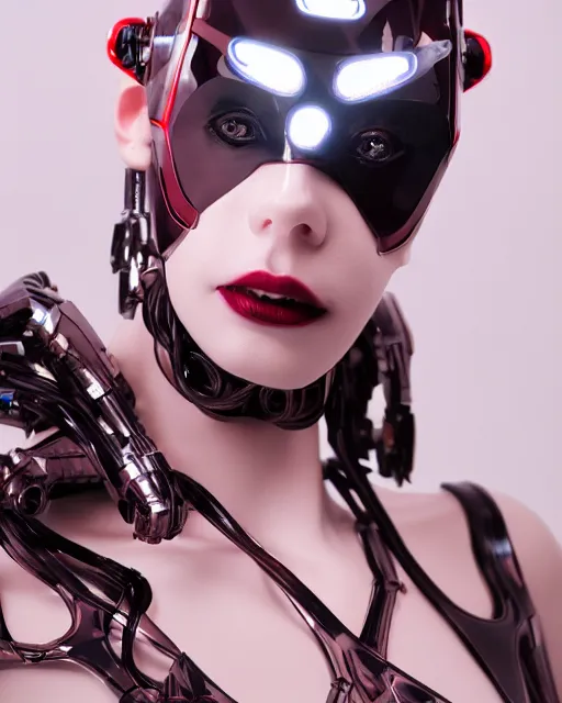 Image similar to 3 / 4 portrait photo of sensual dancer as a cyberpunk mecha humanoid robotic head shoulder parts with straight bright led lights, inside white room, ultra - realistic and detailed, 8 k