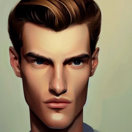 Image similar to tall man in his twenties with brown blond short quiff hair and thin slightly round facial structure with cleft chin, straight eyebrows and prominent nose, good definition of cheekbones, big hazel nut brown eyes, narrow face, slim body, atmospheric lighting, painted, intricate, 4 k, highly detailed by charlie bowater