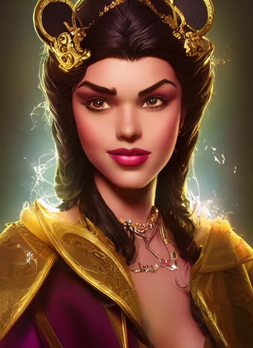 Image similar to disney esmeralda, concept art, elegent, magic background, character portrait, dynamic lighting, octane render aesethic, matte painting, gaudy colors, detailed