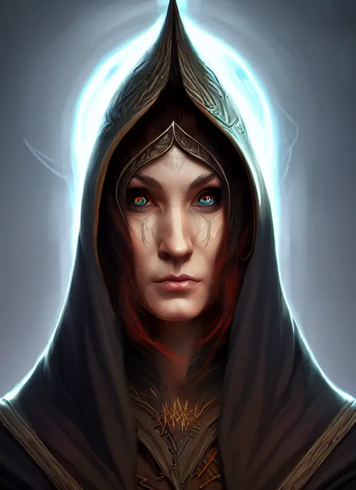 Image similar to a hooded elven mage with a surprised expression, intricate, highly detailed, digital painting, artstation, concept art, smooth, sharp focus, illustration, unreal engine 5, 8 k, art by giorgio baroni