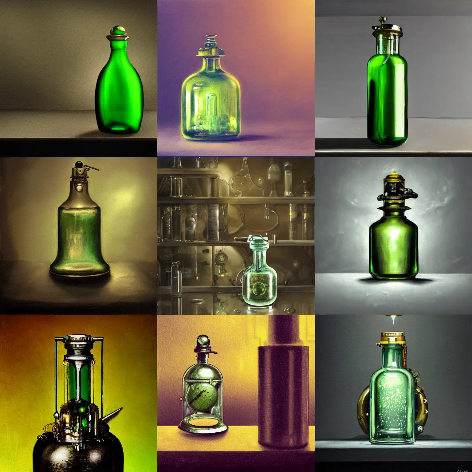 Prompt: a painting of a small lime colored shiny steampunk potion bottle on the edge of a thin dark counter in a dark dusty vintage science lab, by h. r. giger, hyperrealistic fantasy art, concept matte, ethereal, dreamy, digital art, trending on artstation, volumetric cinematic lighting