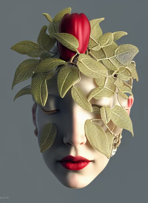 Image similar to complex 3d render ultra detailed of a beautiful porcelain profile woman face, mechanical cyborg, 150 mm, beautiful natural soft light, rim light, studio light, elegant gold details, magnolia big leaves and stems, roots, fine foliage lace, mesh wire, intricate details, hyperrealistic, mandelbrot fractal, anatomical, red lips, white metal armor, facial muscles, cable wires, microchip, elegant, octane render, H.R. Giger style, 8k