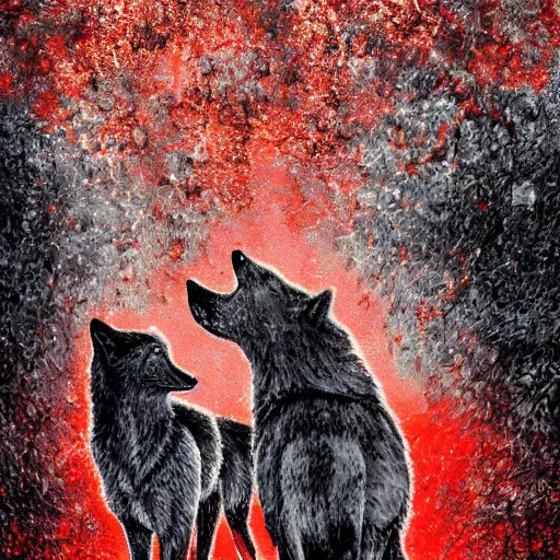 Image similar to bated breath, two wolves snarling, red sparkling cinders, smoke covers the sun