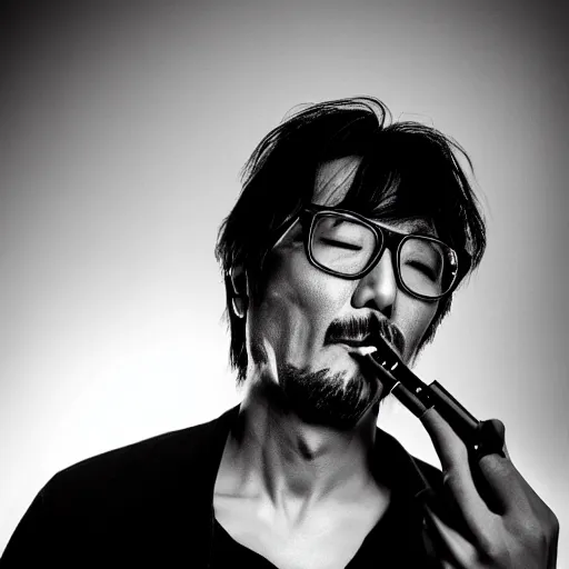 Prompt: photorealistc photograph of hideo kojima smoking a vape. black and white. intricate detail, volumetric smoke