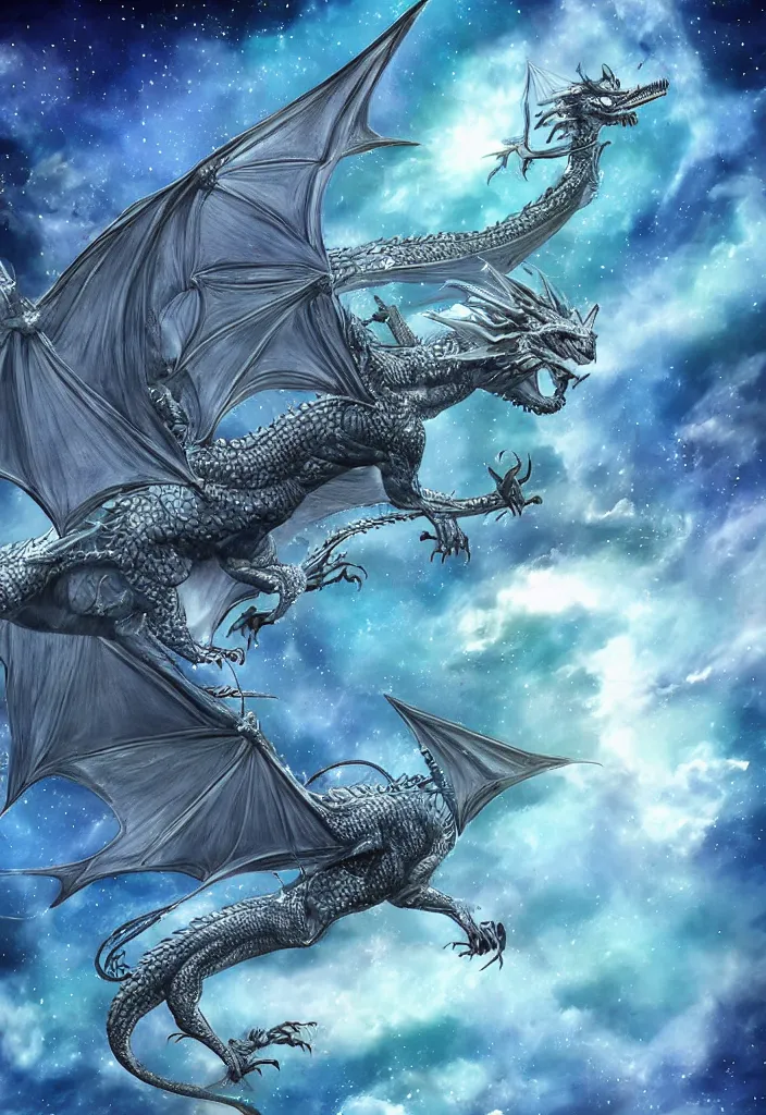 Image similar to hyper-realistic symmetric dragon made of water with wings made of stars in space, holding the earth