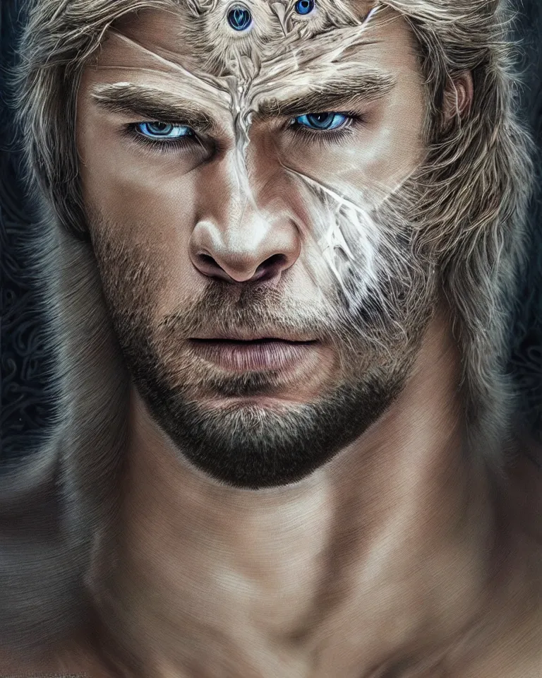 Image similar to ultra realist intricate detailed portrait of chris hemsworth turning into a white wolf in an alien landscape, insanity, accurate features, apocalyptic, very intricate details, 8 k resolution, dim lighting, volumetric lighting, artstyle, zdzisław beksinski and keith thompson, award winning