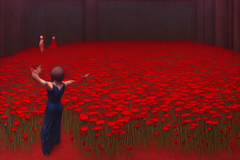 Image similar to only with red, a red expanse of flowers of different types, castle, goblins dance over the flowers in the style of beksinski, parts by edward hopper, parts by rodcenko, parts by yue minjun, intricate and epic composition, red by caravaggio, insanely quality, highly detailed, masterpiece, red light, artstation, 4 k