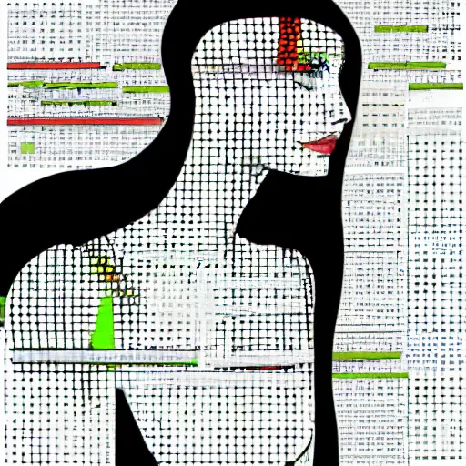 Image similar to beautiful elegant woman seen in profile, from the side, haloed by an explosion of microsoft excel chart lines and graphs by sandra chevrier, rik oostenbroek, simple contrasted color, white background