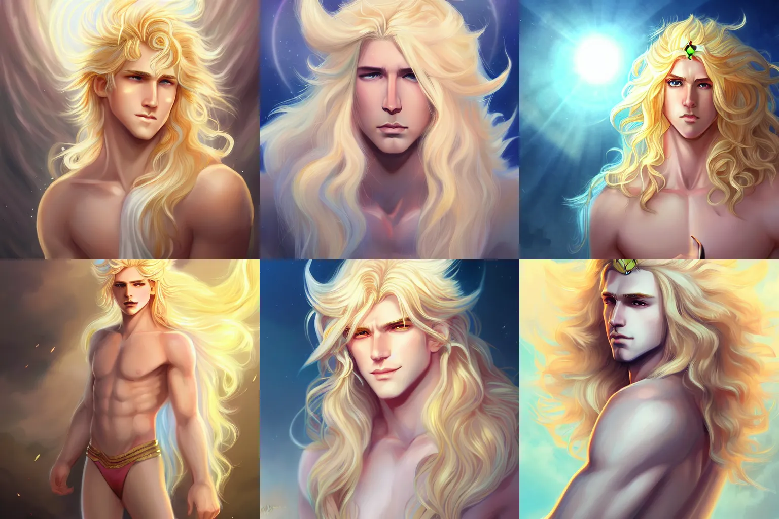 Prompt: the beautiful androgynous young blond male sun god apollo, very very long fluffy curly blond hair, pale white skin, 1 5 0 4, by sakimichan and rossdraws, 4 k digital painting, artstation cgsociety
