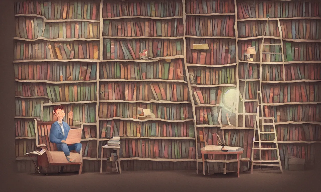 Prompt: bookshelf, beaver podcast interview, brick streets, ancient manuscripts, a reader in a chair, nordic pastel colors, 3 d art, digital illustration, perfect lighting