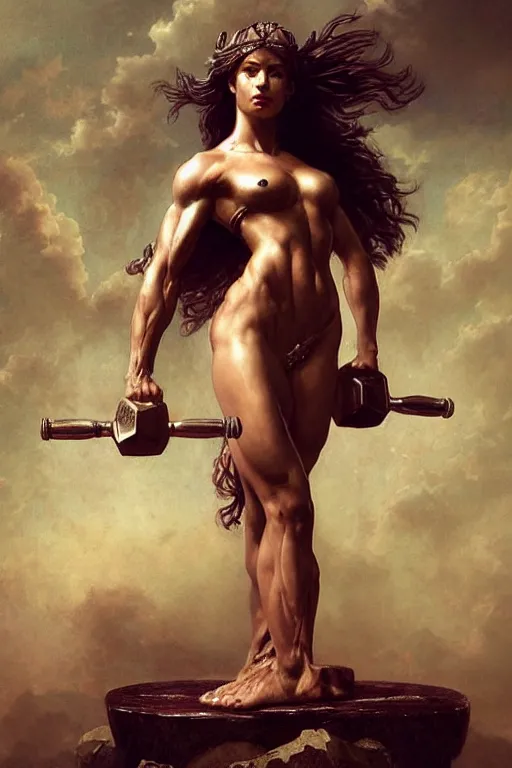 Prompt: muscular greek goddess, with her foot on top of a pile of dumbbells covered in blood - in the style of greg rutkowski, by Gustave Doré, by Marco Turini, by Artgerm, Deviantart in the style of Tom Bagshaw, Cedric Peyravernay, Peter Mohrbacher by William-Adolphe Bouguereau,4k,