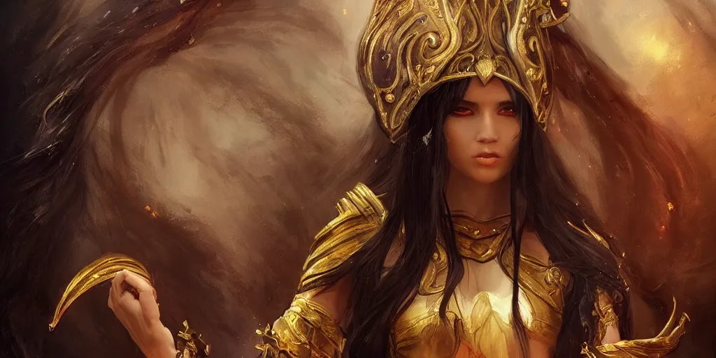 Image similar to a young beautiful priestess with long black hair weavering golden string of magic, barroque painting, ultra realistic. cinematic, dynamic. magic the gathering style. epic fantasy, insanely detailed, 4k, rpg character reference. gourgeous.