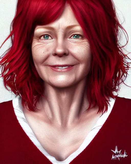 Prompt: portrait of happy short and plump 5 0 - year - old woman with red hair and, kind face, short hair, wearing in cardigan, hyper realistic face, beautiful eyes, character art, art by mark brooks, hyperdetailed, cryengine, trending on artstation, digital art