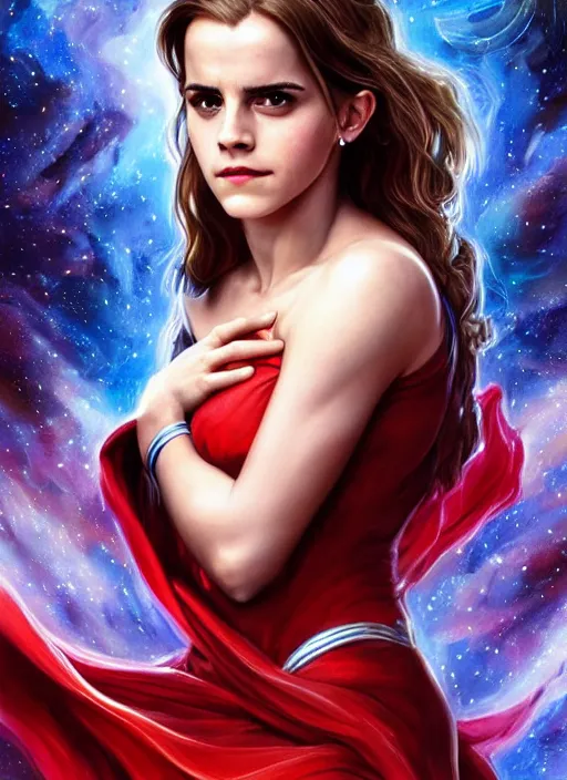 Image similar to emma watson as nature magic celestial, superwoman pose, long hair, soft red and blue transparent cloth, space, D&D, shiny background, intricate, elegant, highly detailed, digital painting, artstation, concept art, smooth, sharp focus, illustration, artgerm, bouguereau