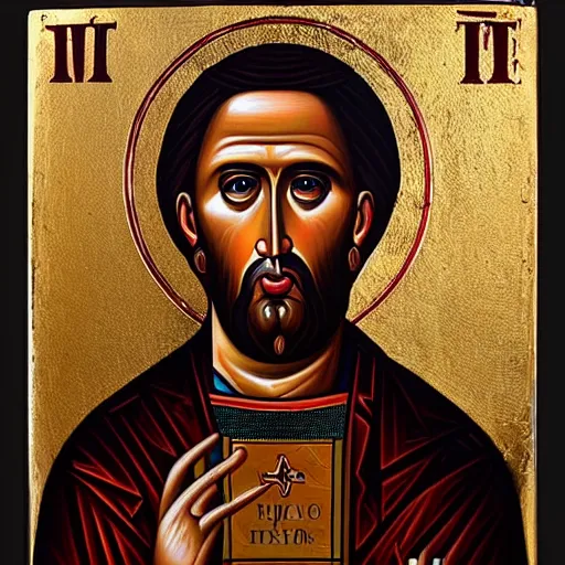 Image similar to nicholas cage, portrait, ancient byzantine icon, roman catholic icon, saintly, orthodox