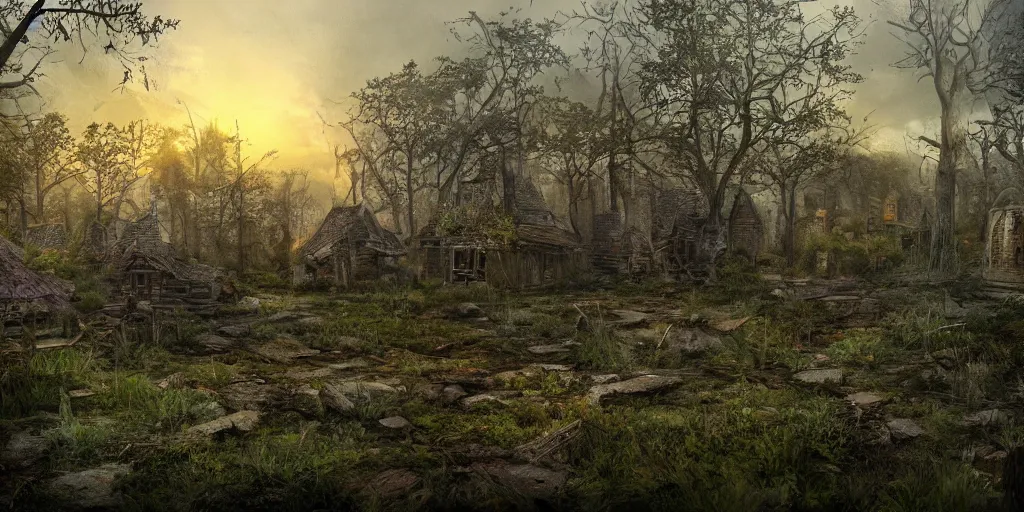 Prompt: an abandoned forest village in dnd at dusk, high definition