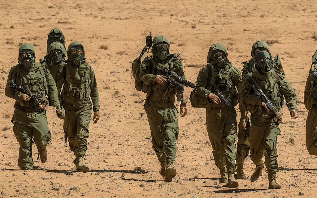 Image similar to a group of five soldiers in dark green tactical gear and gas masks on a rescue mission like the film stargate walk through a sandy desert with distant red mesas ahead of them. They've found a dead body. dusty. 200mm lens, mid day, heat shimmering.