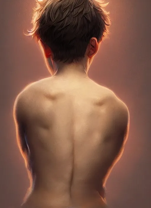 Image similar to perfectly - portrait of a boy from behind, intricate, highly detailed, digital painting, artstation, concept art, smooth, sharp focus, illustration, unreal engine 5, 8 k, art by artgerm and greg rutkowski and alphonse mucha