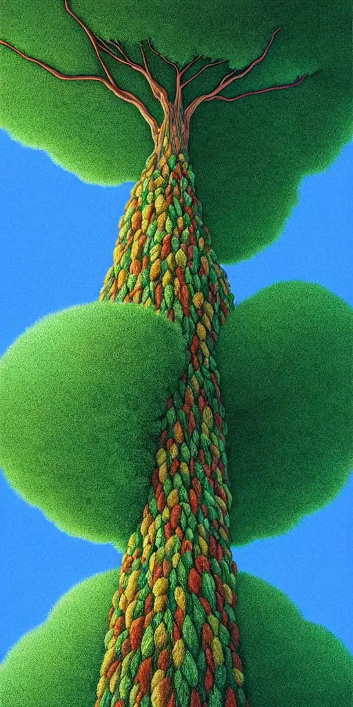 Prompt: an impossibly tall pompom tree with an extremely long trunk looming above the viewer, viewed from below, digital illustration by artgerm and rutkowski and kunstler, surreal, photorealistic