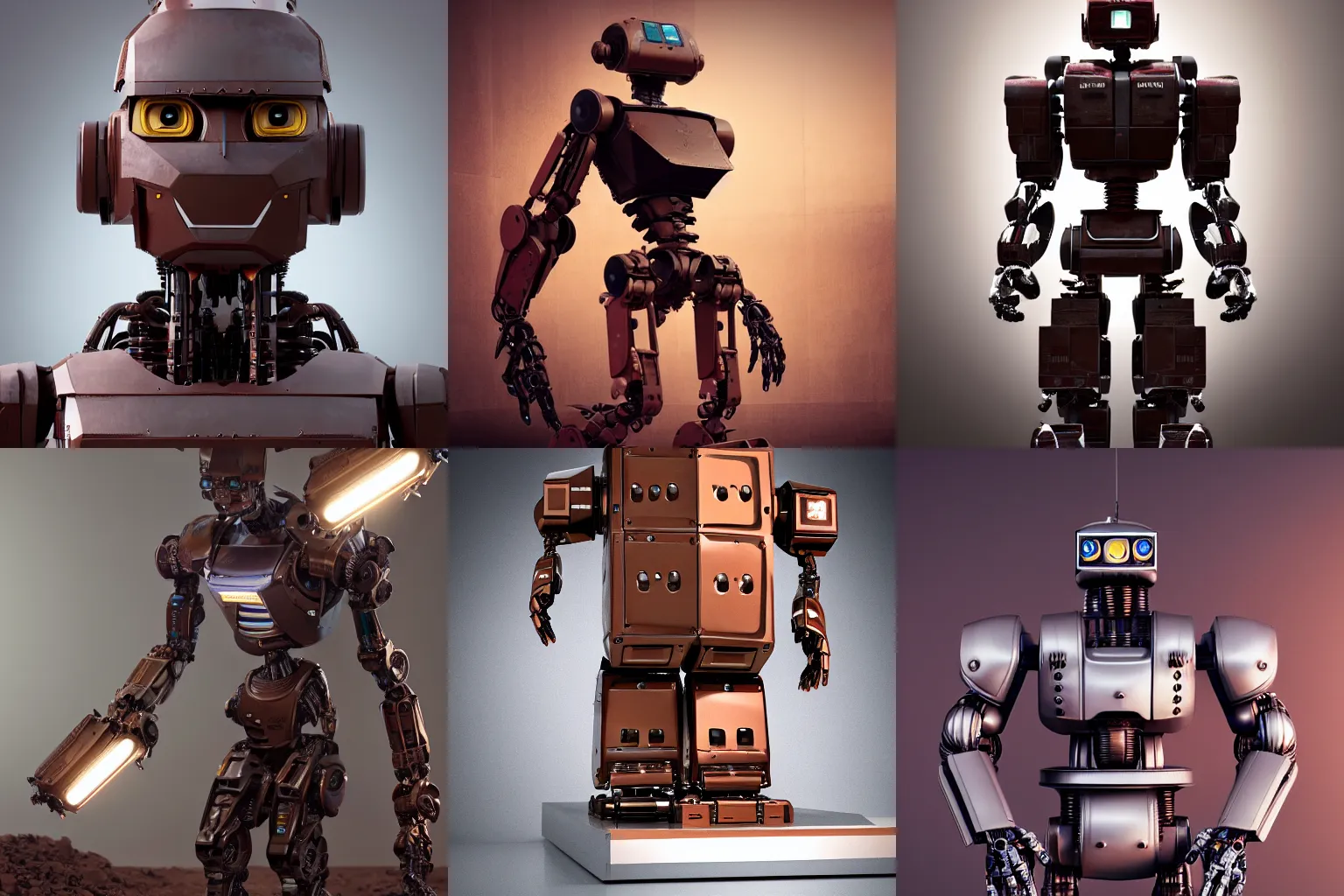 Prompt: a large robot made of chocolate, strong imagery, highly detailed, photorealistic 8k, cinematic lighting, HD, high detail, atmospheric, trending on artstation