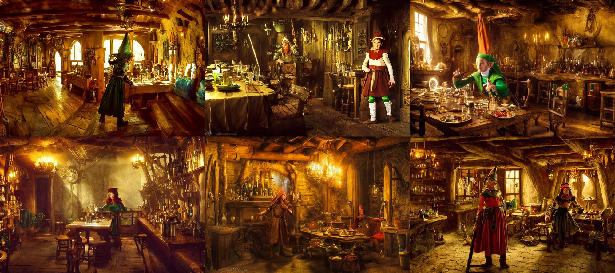 Prompt: an elf in a tavern that looks like it's from lord of the rings and bazaar by albert bierstadt, ultrawide angle, f 1 6, golden ratio, f 3 2, well composed, cohesive